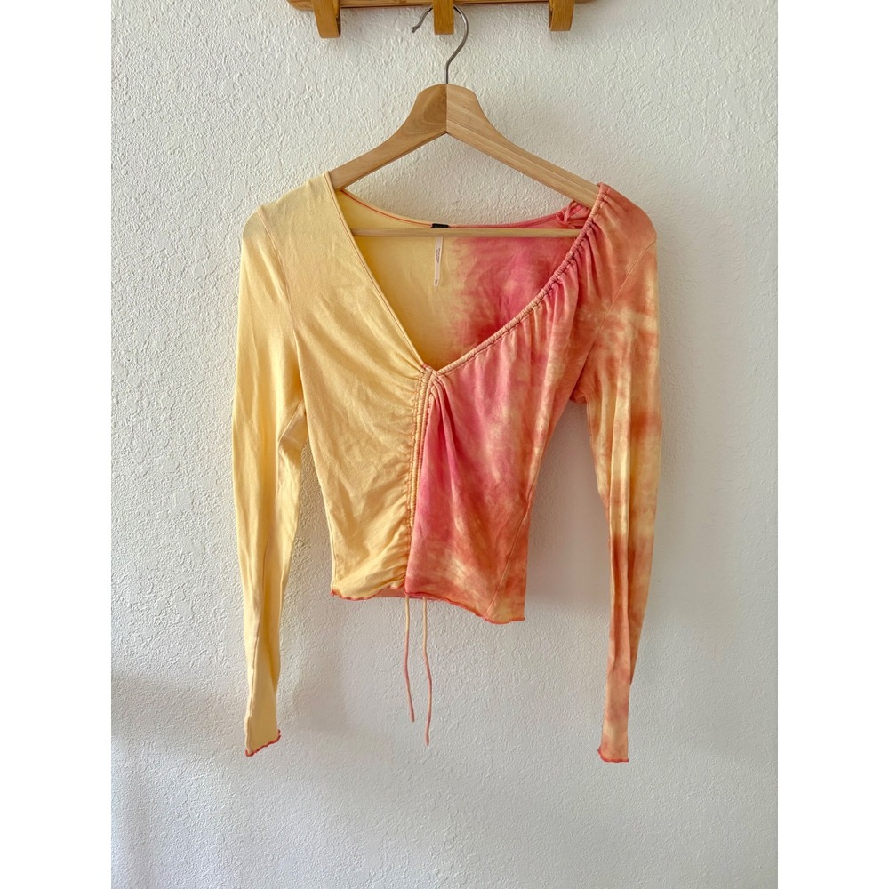 Free People Women's XS Asymmetrical Ruched Tie Dye Long Sleeve Top Pink Yellow